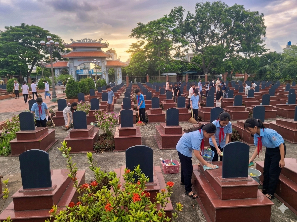 Các em học sinh quét dọn Nghĩa trang giúp lực lượng chức năng chuẩn bị lấy mẫu hài cốt liệt sĩ xác định danh tính